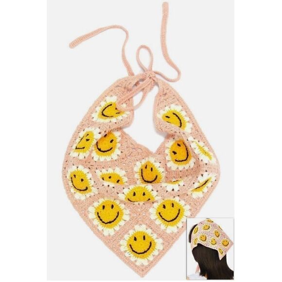 Crochet Triangle Smiley Face Headscarf Bandana in Pink, White & Yellow - Picture 2 of 7